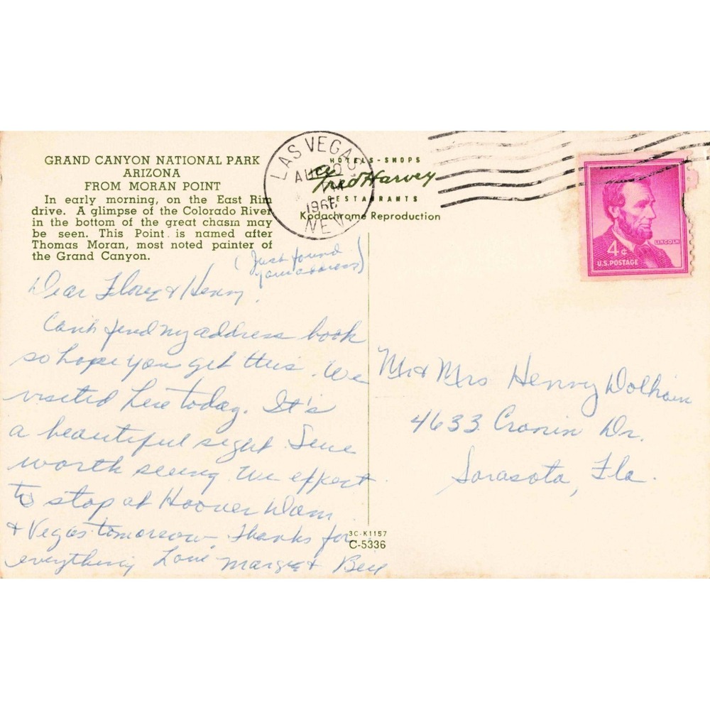 Vtg Grand Canyon National Park Moran Point Postcard Fred Harvey 1968 Postmark - Picture 2 of 2